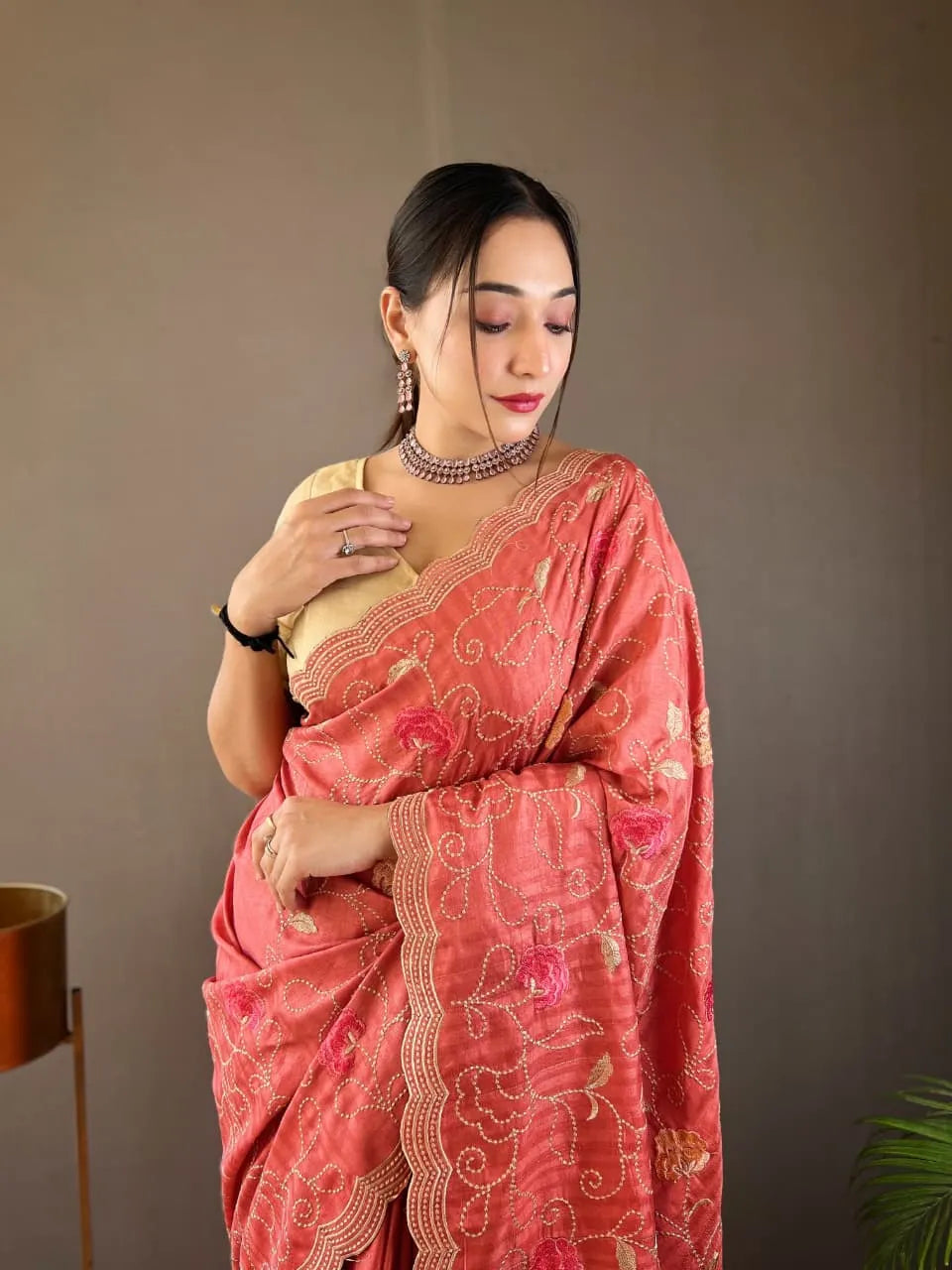 Elegant Tussar Silk Saree with Embroidery Jaal & Cutwork Border | Premium Silk Sarees